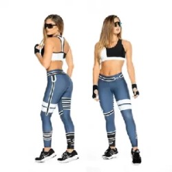 Leggins color azul con franjas blancas y negras